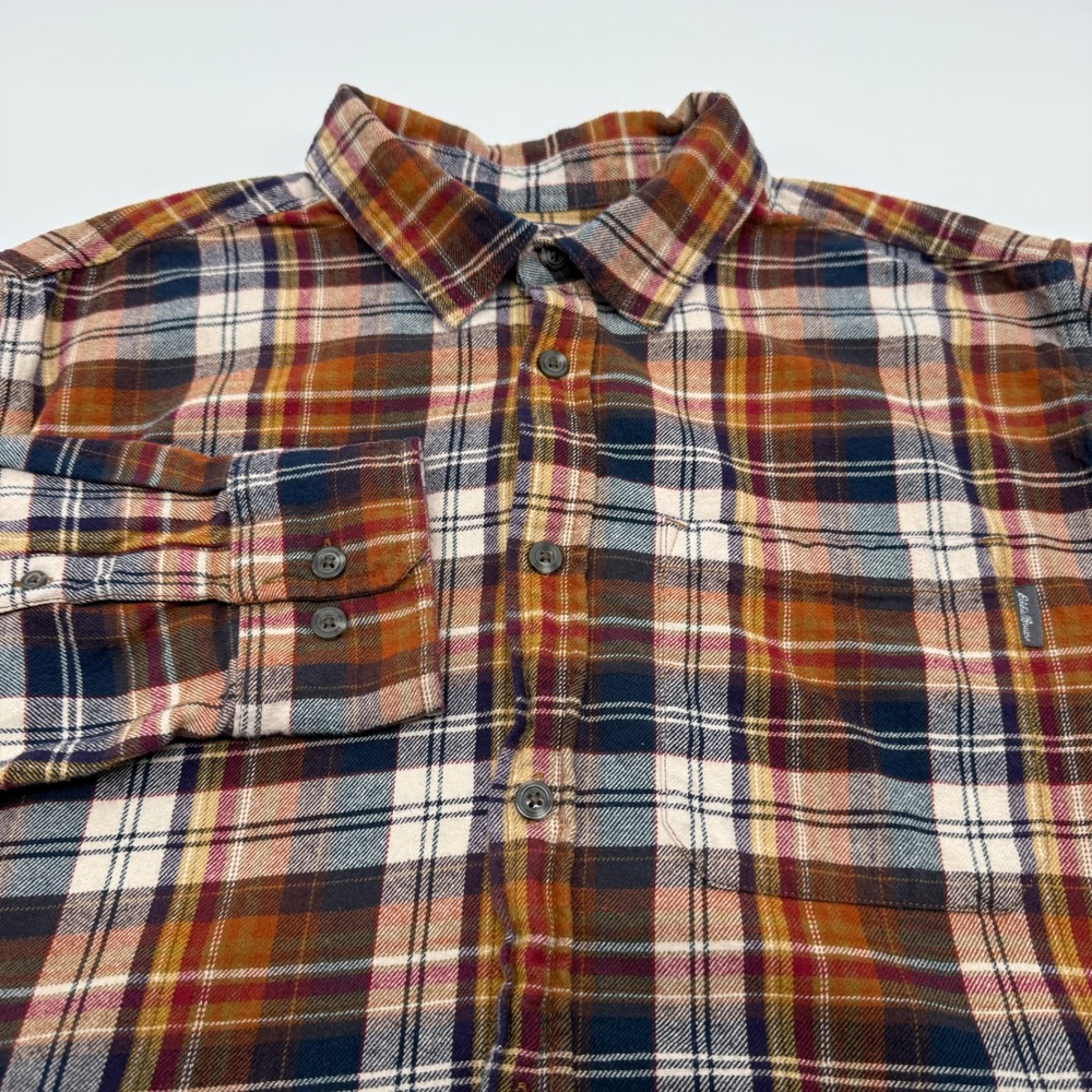Eddie Bauer Mens XL Flannel Plaid Button Down Shirt Orange Brown Long Sleeve